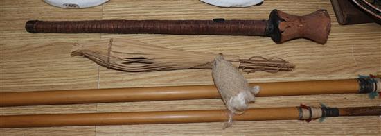 Two Amazonian tribal hardwood spears and a similar blow pipe